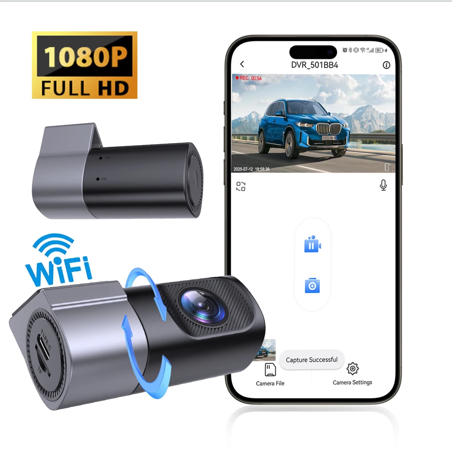 Dash Cam per Auto 1080P Nuova Telecamera WiFi per Cruscotto Registratore Veicolare Intelligente con Controllo APP Registratore Video 360 ° Visione Notturna Rotante per Tutti