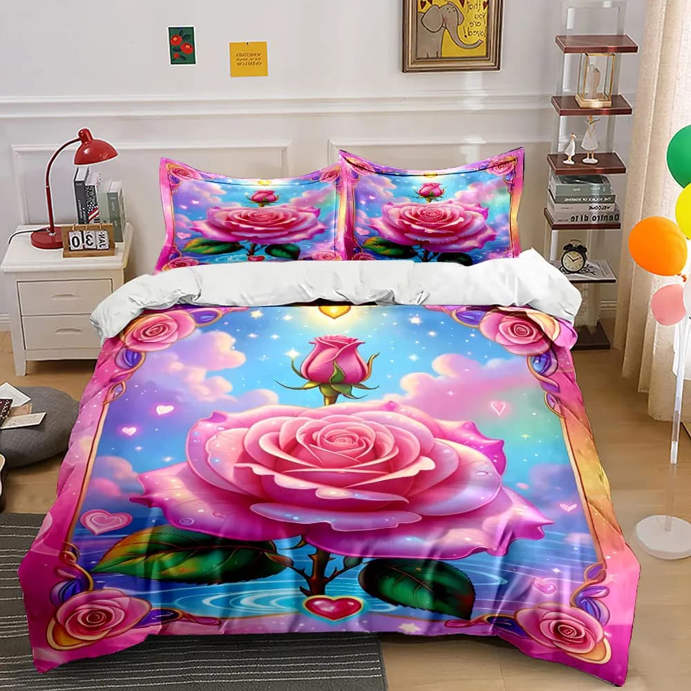 Dreamy Pink Rose Illustration Print Bedding Set 1 Duvet Cover 2 Pillowcases for Adult and Children Luxury Gift Full Size