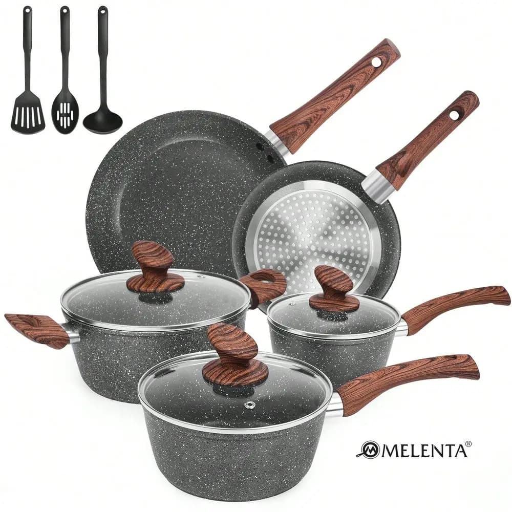 Set di pentole e padelle in granito ultra antiaderente, set di pentole in fusione pressurizzata da 11 pezzi con padella, casseruola, pentola per brodo, manici anti-scottatura