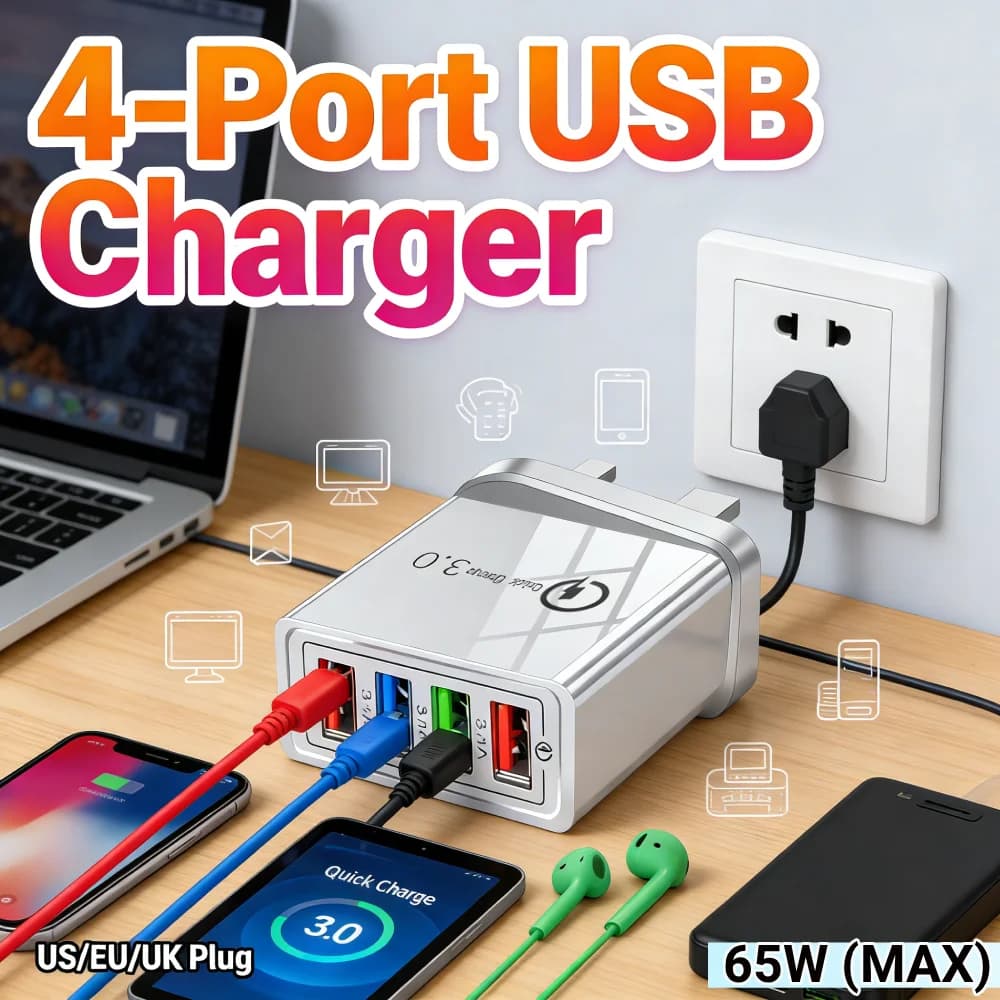 Adattatore per caricabatterie da muro Quick Charge 3.0 per caricabatterie USB a 4 porte per smartphone e tablet
