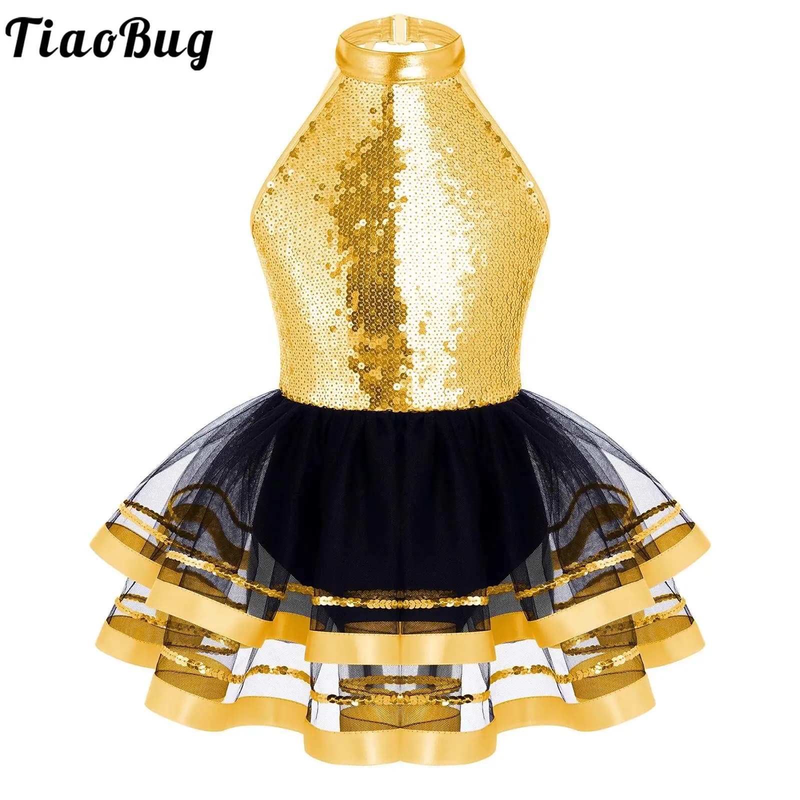 Bambini Ragazze Paillettes Halter Balletto Danza Tutu Vestito Ginnastica Body Moderno Latino Jazz Pattinaggio di Figura Costume da Spettacolo Teatrale