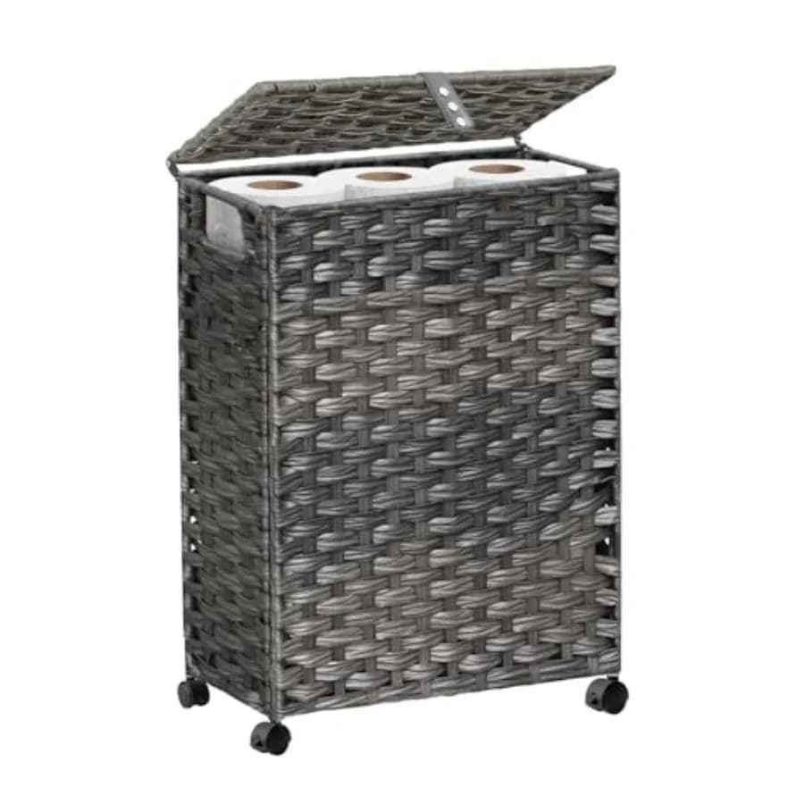 Cestino porta carta igienica con coperchio e ruote, porta carta igienica in rattan, organizer porta carta igienica per bagno e camera da letto