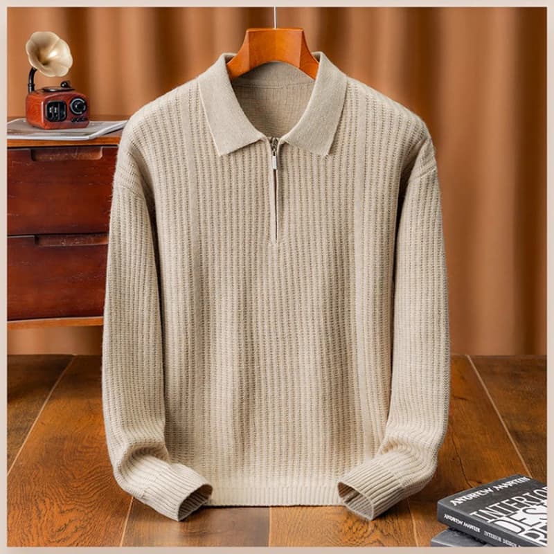 ​ ​ Maglione Premium da Uomo con Zip - Bianco Crema (Nero/Camel) Effetto Lana Anti-Pilling Design Testurizzato ​ ​ Maglia con Colletto POLO Lavorata a Maglia