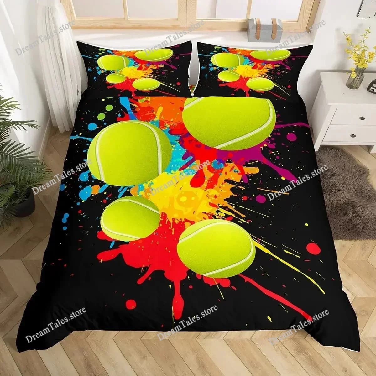 Set Copripiumino Tennis, Set Biancheria da Letto a Tema Sportivo, Misura Singola per Bambini, Adolescenti e Adulti, Copripiumino con Racchetta e Palla da Tennis369