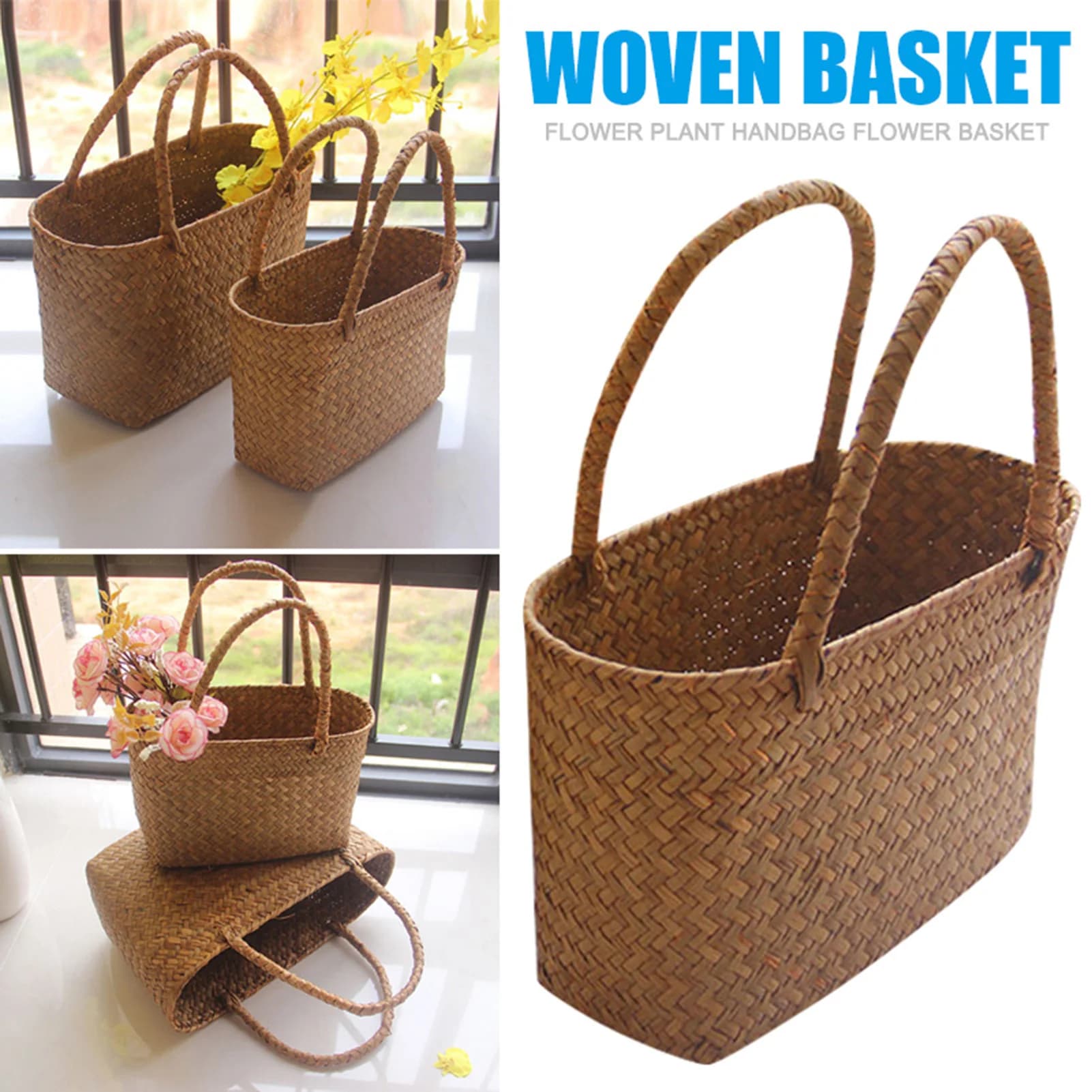 Portable flower basket bag braided algae basket bag for durable linen market bag to store picnic clothes