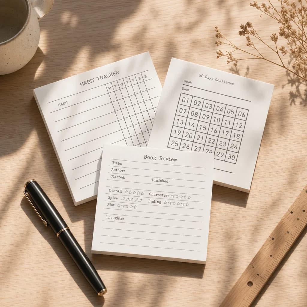 Habit Tracker Sticky Notes, 7&30‑Day Challenge & Book Review Notepad, Self‑Adhesive Portable Planner for Desktop Office Supplies