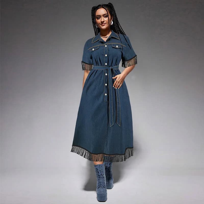 Denim dress with Frange for Women's Plus Size Denim Long Dress with Risvolto collar, Court sleeves, Fresh and Sweet style, with Belt and Detail Toracotomy Front