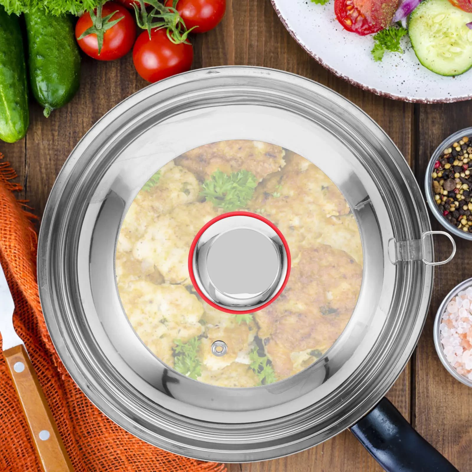 Universal Stainless Steel Hanging Lid with Clear Glass Top for Wok Frying Pan Pots and Pans Heat Resistant Handle Easy Clean