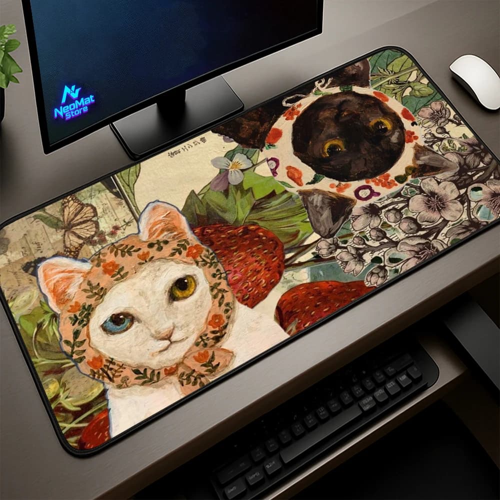 Botanical Mouse Pad Pc Big Gaming Playmat 900x400 Strawberries Garden Vintage Desk Cats Collage Style Floral Accessories