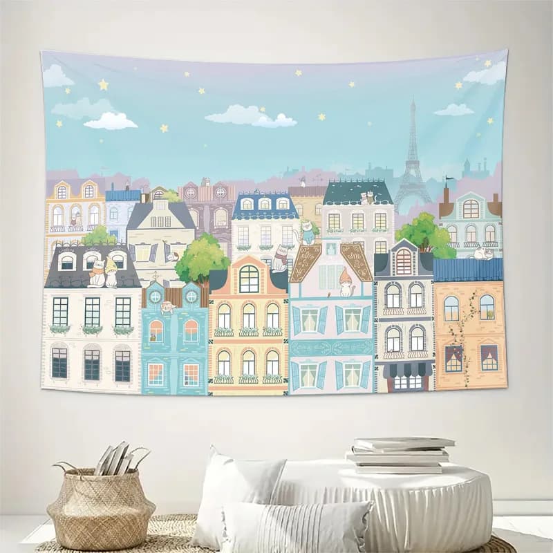 Cartoon European Cityscape Paris Eiffel Tower Wall Tapestry Machine Washable All Season Decor Print Whimsical Urban Design Home