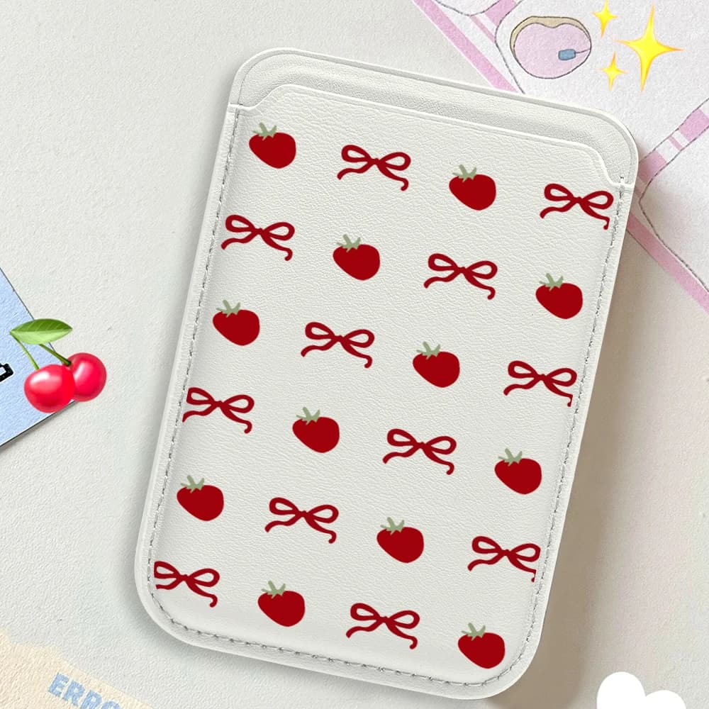 Portacarte per telefono con design Fragola e Fiocco, compatibile con MagSafe, portafoglio sottile magnetico da tasca posteriore per iPhone 17 16 Pro e custodie Samsung