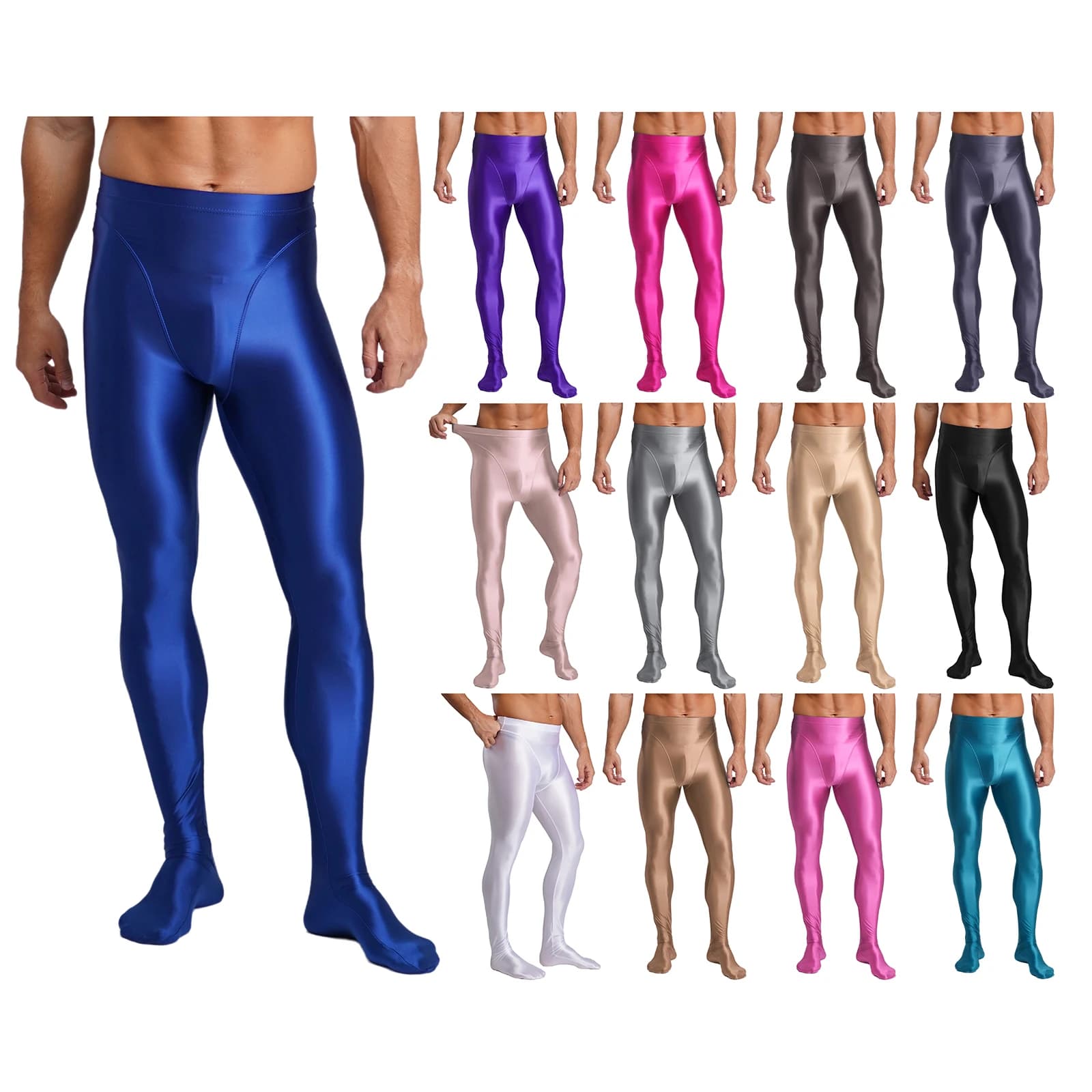 Collant da uomo a vita alta velato lucido tinta unita elastico in vita custodia rigonfia leggings con piedi per bodybuilding sport fitness