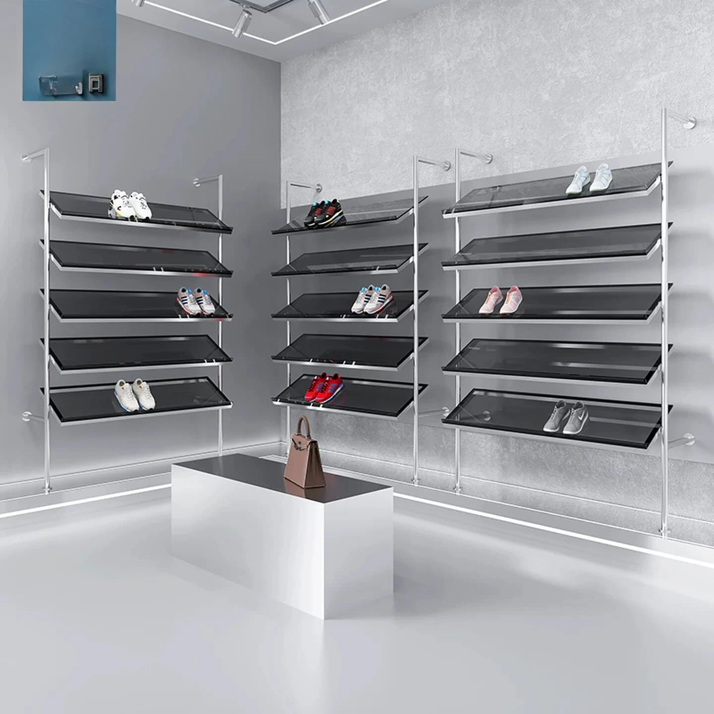 Espositore per scarpe, espositore sportivo, espositore in acciaio inossidabile spazzolato, mobiletto inclinato per abbigliamento casual