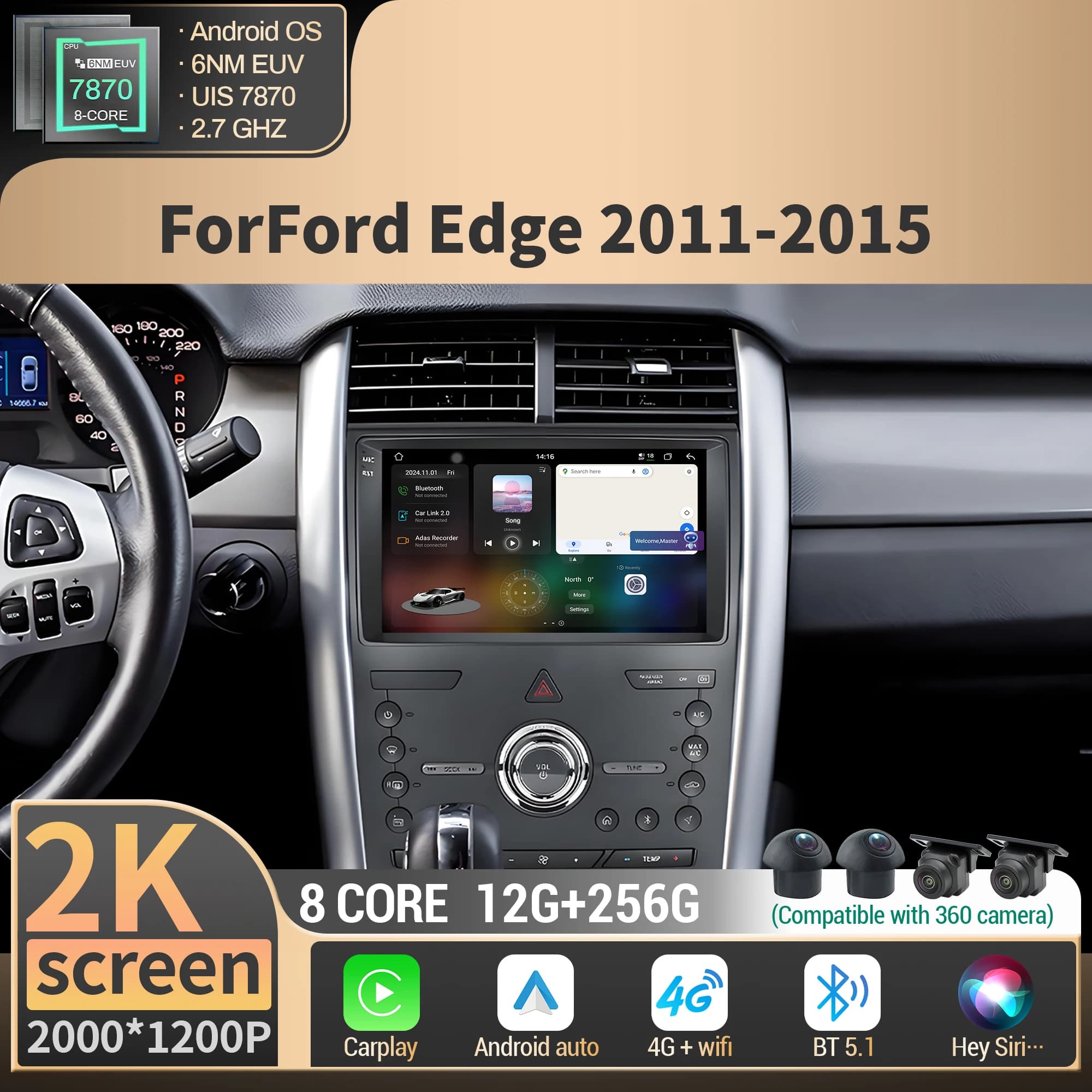 Per Ford Edge 2011 2012 2013 2014 2015 Autoradio Multimediale di Navigazione 4G GPS Wireless BT CarPlay CPU 7870 2K QLED Schermo Stereo