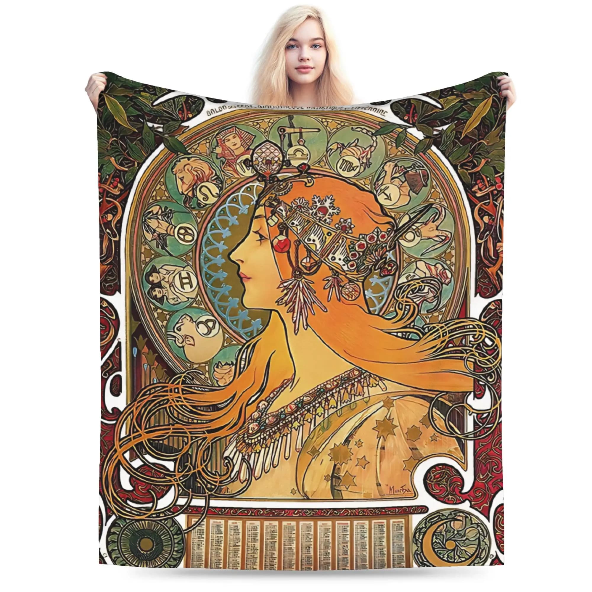 Coperta Calda e Morbida per Studenti, Viaggiatori, con Motivo 'Linguaggio dei Fiori' di Alphonse Mucha, Coperta in Flanella, Copriletto, Copridivano di Tendenza
