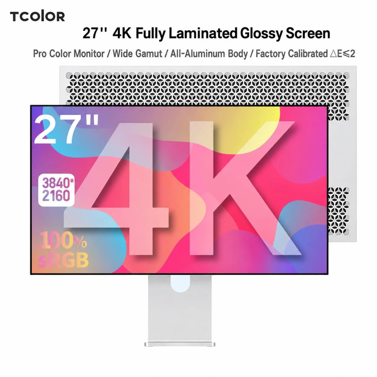 TCOLOR 27 inch Computer Monitor 60Hz 4K Glossy Screen 100%sRGB 10Bit High Color Accuracy Full Aluminum Stand Display desktop