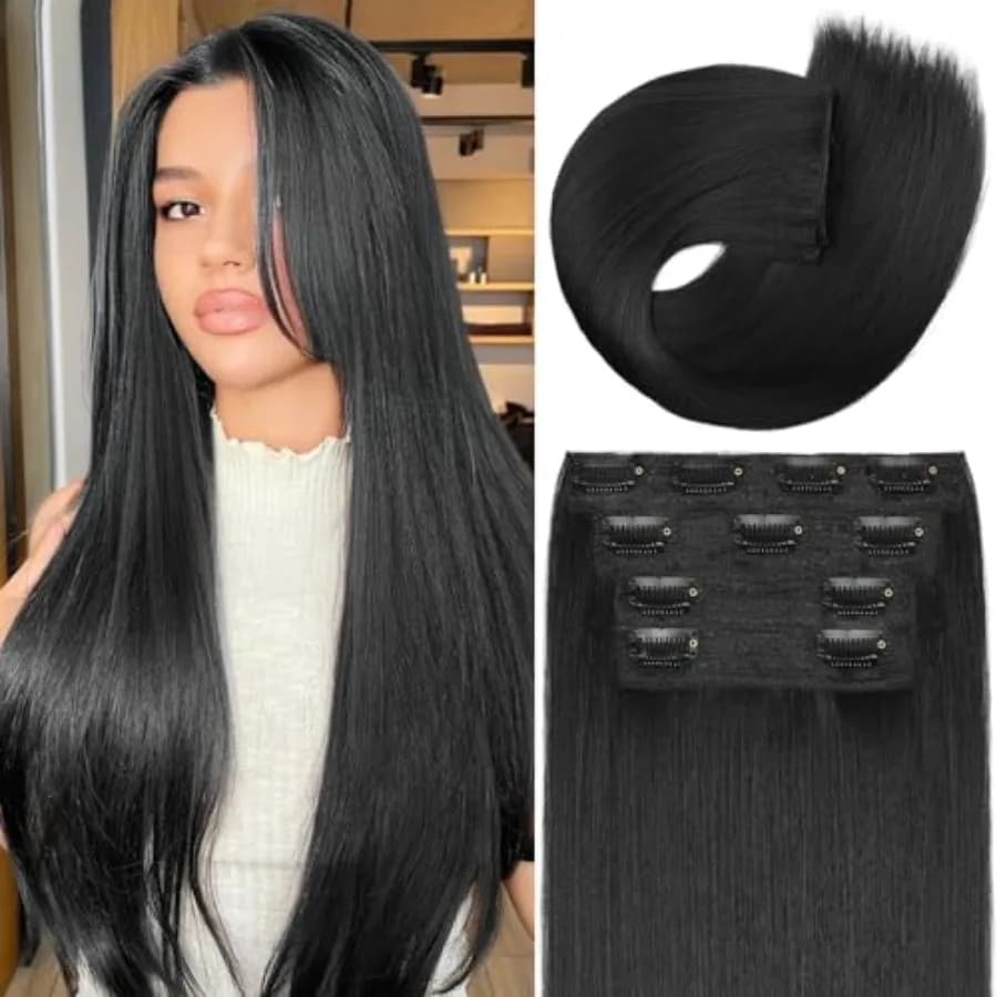 Clip in Synthetic Hair Extensions Black Long Straight 4PCS Thick Hairpieces Fiber Double Weft Natural Hair Extensions 22 Inch f
