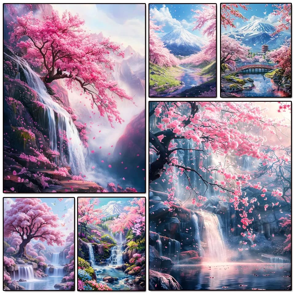 Pittura con diamanti fai da te, paesaggio naturale giapponese, mosaico completo di diamanti, ricamo con strass, arte Sakura, punto croce, decorazione per la casa