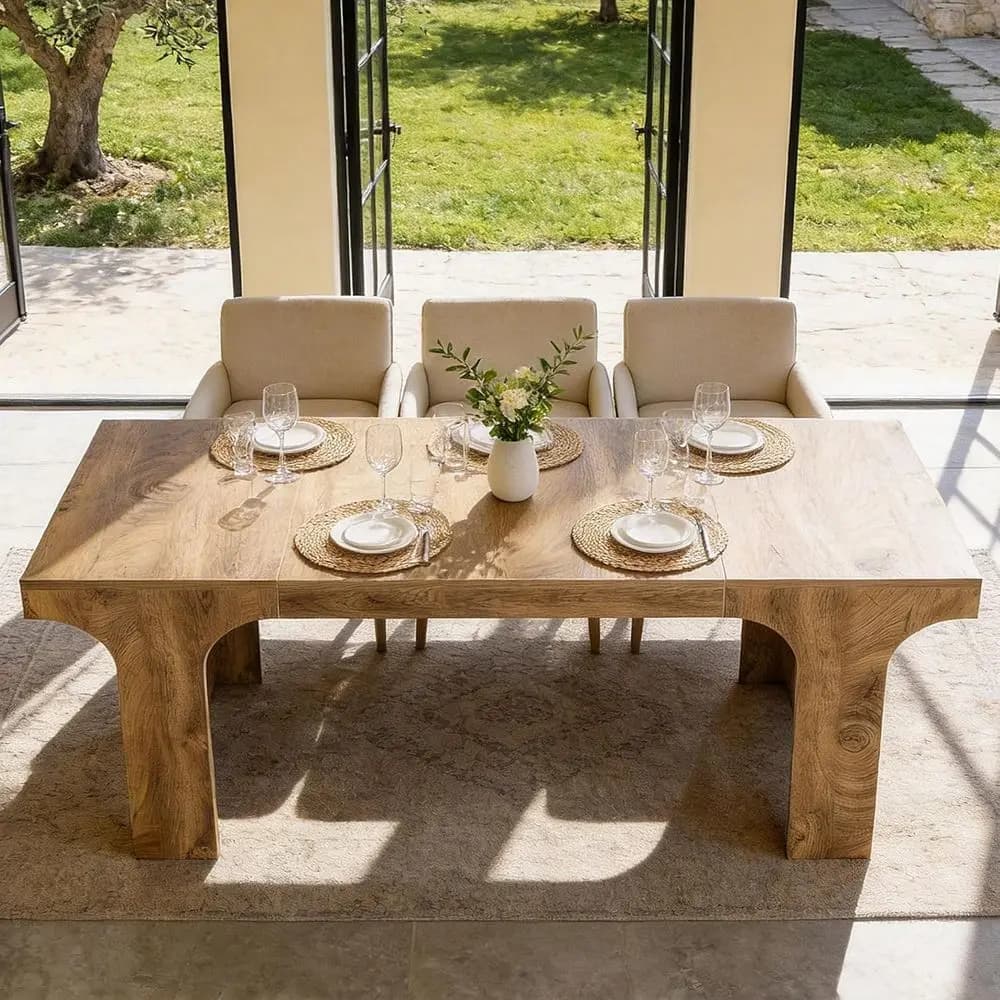 Tavolo da Pranzo in Legno Naturale Lungo 70,9 Piedi per 6-8 Persone, Design con Gambe Arcuate