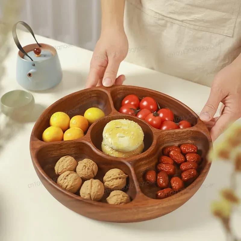 Piatto per snack di frutta secca in legno massello HeMu-Acacia, insalatiera, piatto per snack multi-cella, stile cinese