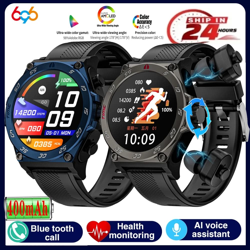 Watch 2 in 1 with TWS Headphones Reduction of Noise, Smartwatch for Man with Cardiac Frequency Monitoring, Bluetooth Sports Headphones, Calls, Waterproof for Women