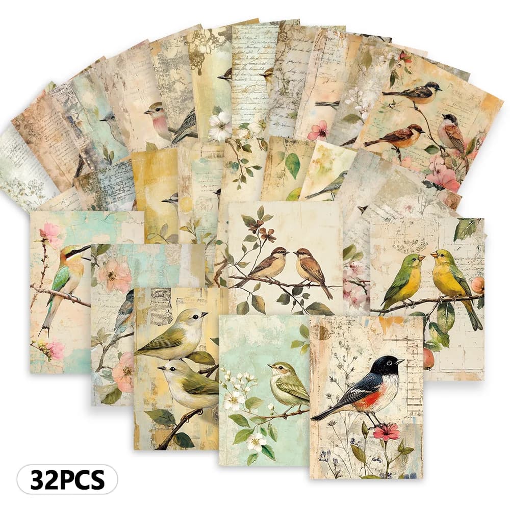 32 vintage art cards, theme birds, interior decorations, wall stickers, cards with messages, greeting cards, commemorative cards