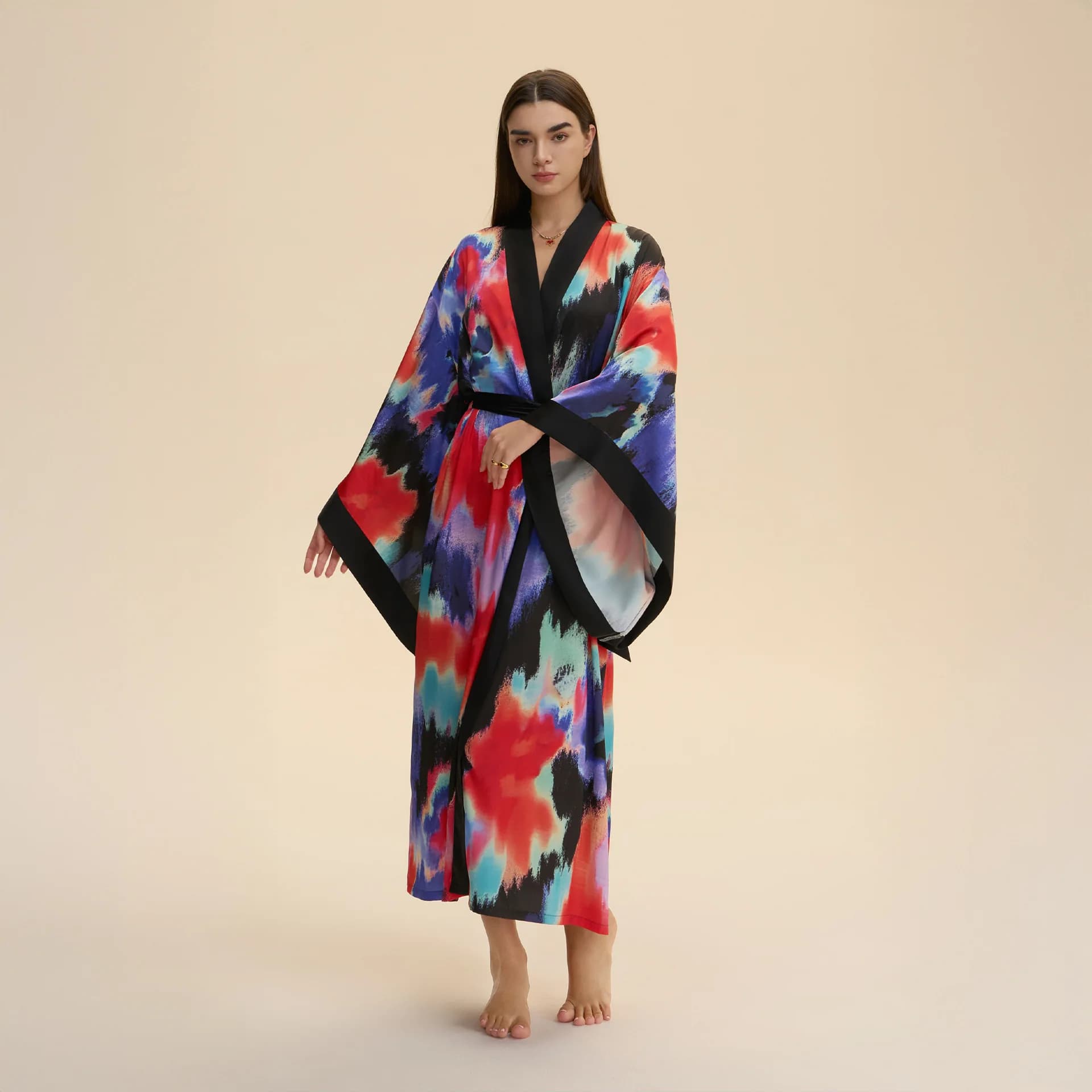 Female Long Robe Elegant Tie-Dye Print Nightwear Kimono Bathrobe Spring Summer Silk Satin Home Dress Loungewear
