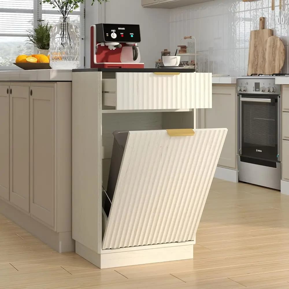 Mobiletto per bidoni della spazzatura da 10 galloni con cassetto a scomparsa, mobiletto in legno autoportante per rifiuti e riciclo, contenitore estraibile con texture ondulata