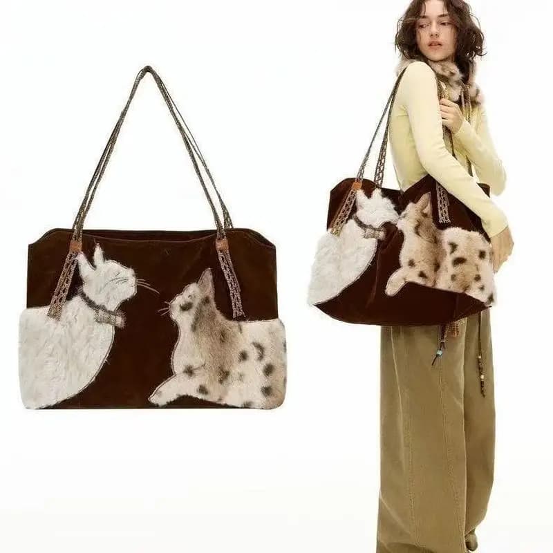 Cute Retro Puppy Tote Bag Women Leather Texture plush Large Capacity Shoulder Bag Ladies Fashion Casual Versatile Crossbody Bags