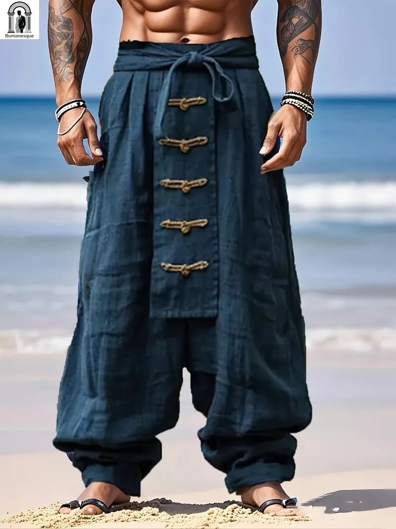 Vintage Men's Cotton Wide Leg Pants Belt Tie Waist Loose Harem Trousers Casual Bohemian Beach Meditation Long Pants Palazzo Trou