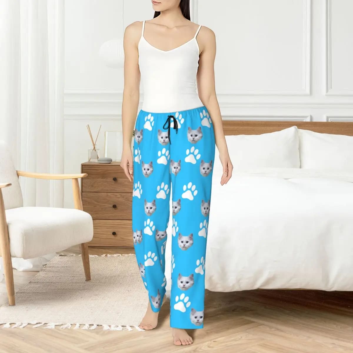 Personalized woman's pyjamas printed with cat face for pets, pajamas pants, nightwear, sitting pants with pockets