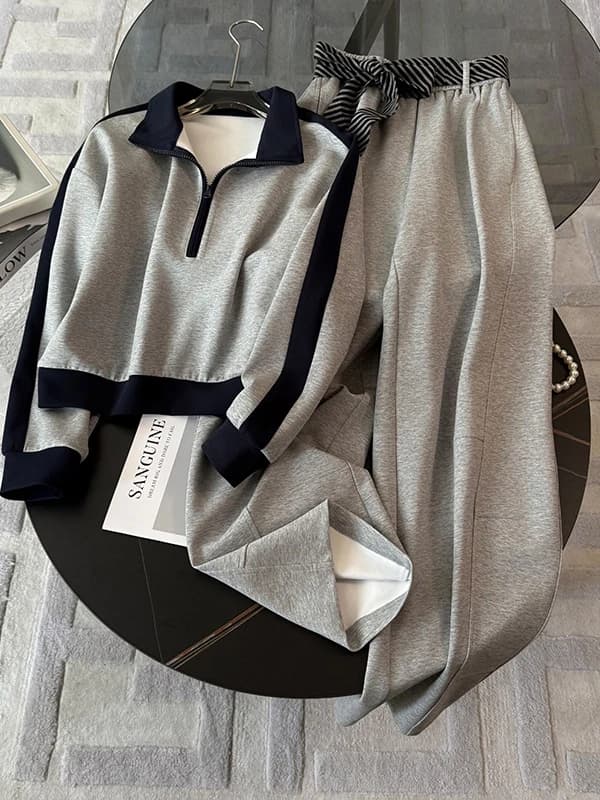Set Sportivo Casual Stile Streetwear, Giacca Grigia Moda Coreana Invernale da Donna con Pantaloni a Gamba Larga, Completo Due Pezzi