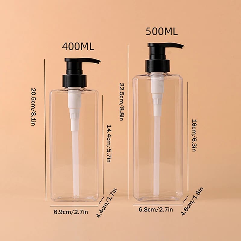 Nuovo Dispenser Vuoto per Bagno da 400/500ml, Bottiglia Quadrata con Pompa, Ricaricabile per Sapone, Shampoo, Gel Doccia, Portatile