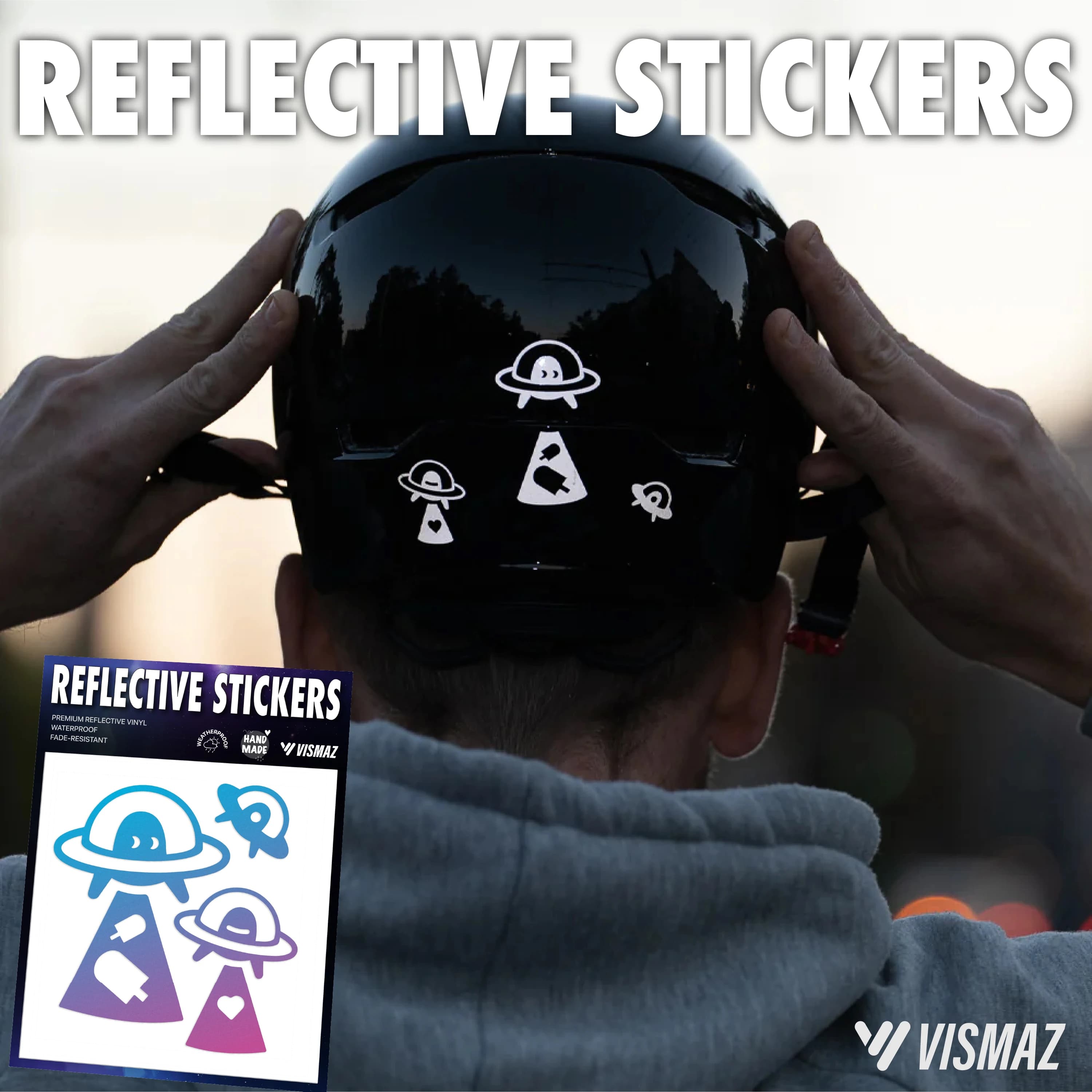 VISMAZ Reflective Stickers Waterproof in Vinyl for Helmet Bike Auto Moto Resistant to weather and fading UFO Design