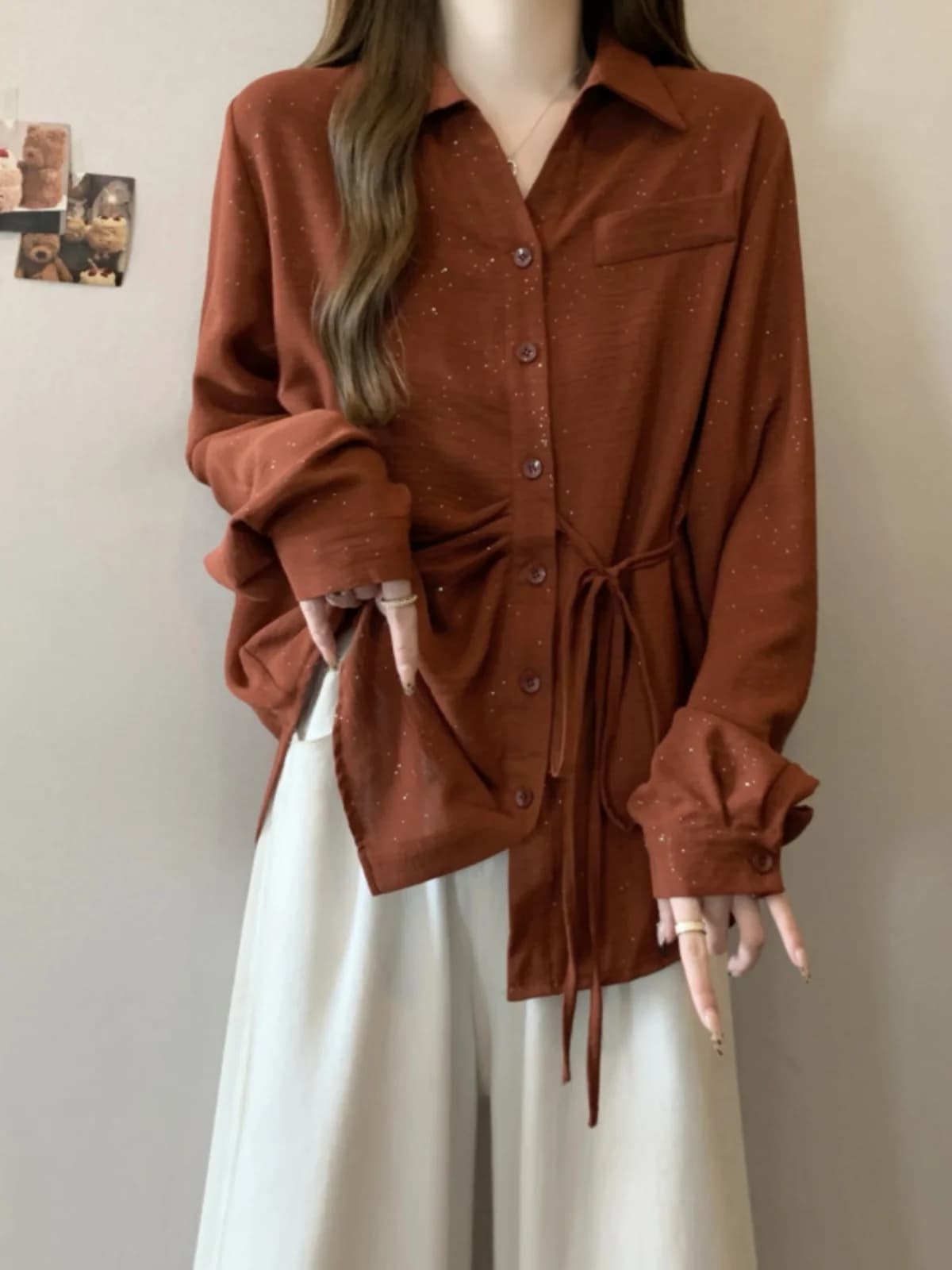 Women's Long Sleeve Shirt Waist Cinching Belted Spring Autumn plus Size Conceals Belly Anti Aging Unique Super Beautiful Top