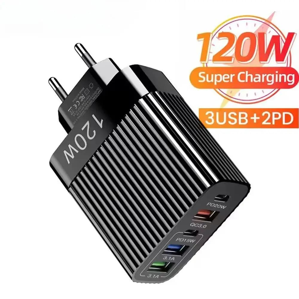 Caricatore USB C multiporta totale da 120 W Caricatore PD tipo C a ricarica rapida Adattatore di alimentazione Carica rapida 3.0 Caricatore USB con spina UE/USA a 5 porte