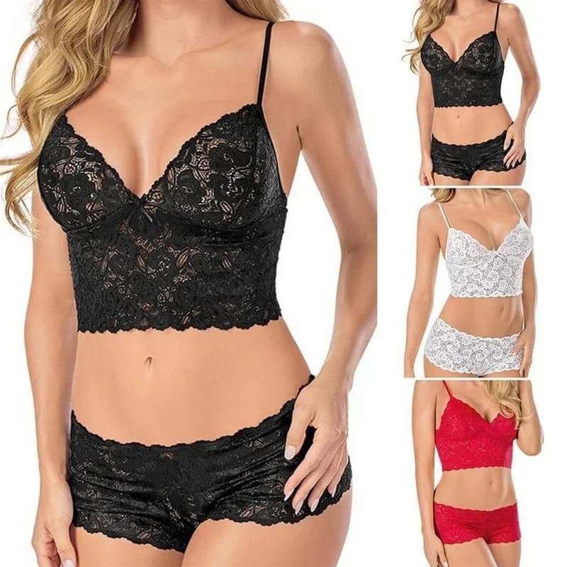 1 Set European And American Sexy Plus Size Lace Lingerie Suspender Three-point Chest Hugging Lingerie Underwear Set Bra Fashion