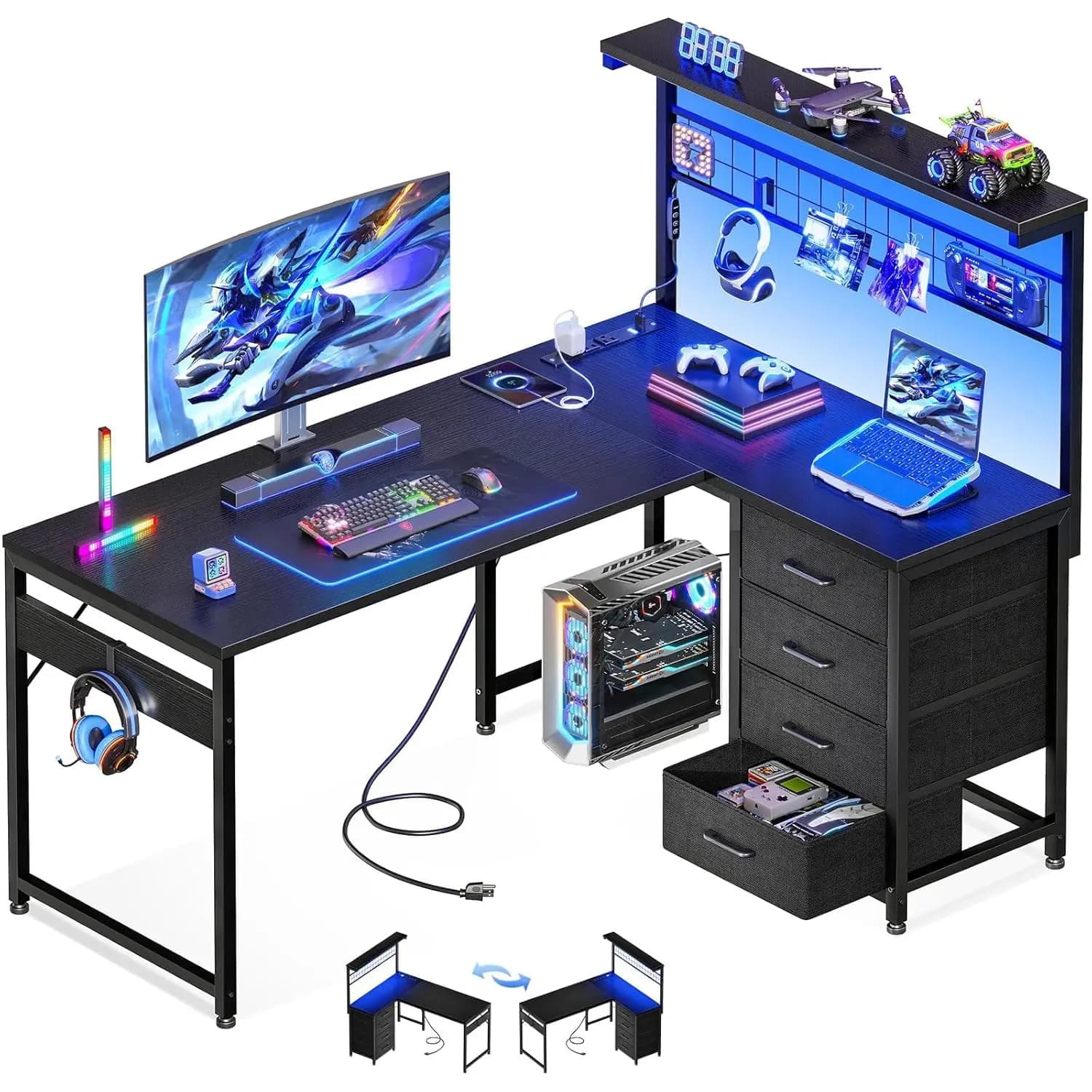Scrivania da Gaming a L con Mensola Angolare per Computer, 4 Cassetti, LED, Porta USB, per Ufficio Domestico, Nera, Personalizzabile