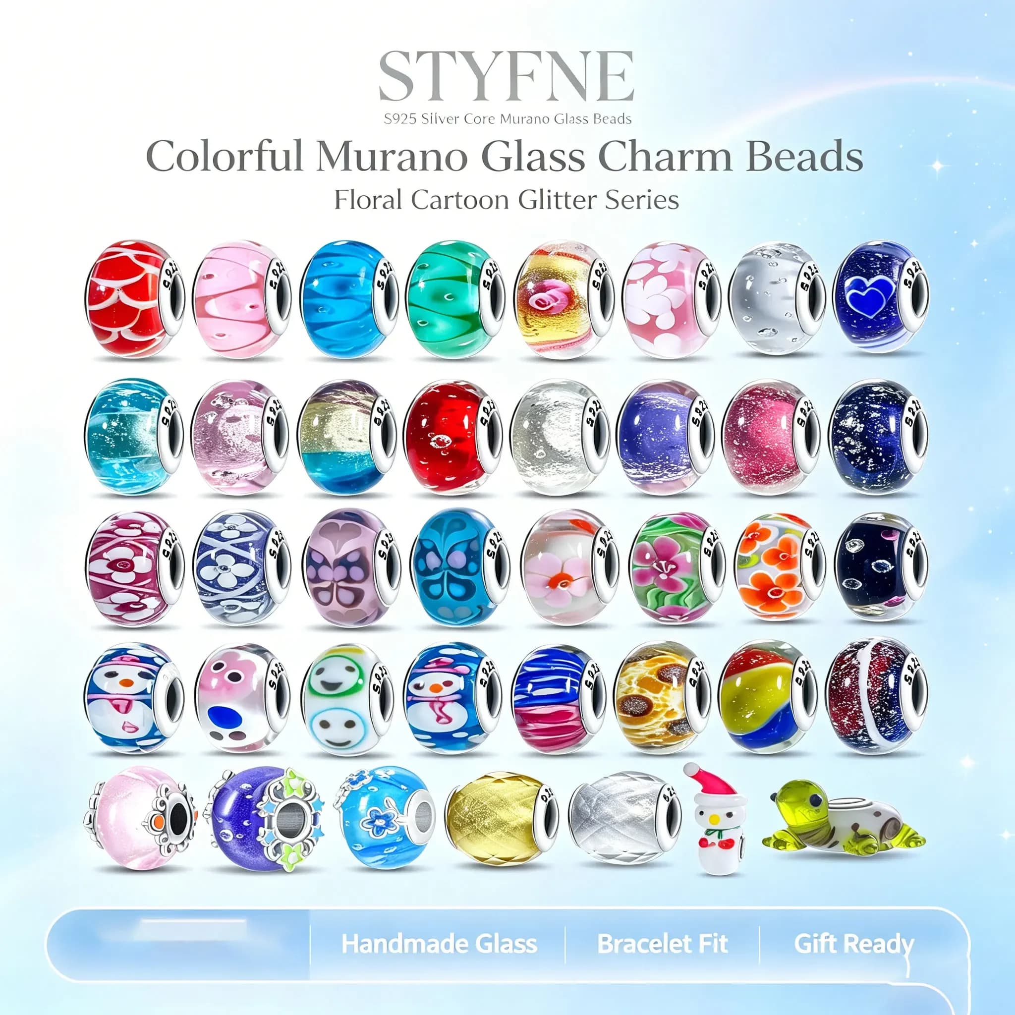 Original S925 Silver Murano Glass Charms Floral Snowman Glitter Round Beads Fit Snake Bracelet Glass Jewelry Gifts for Women
