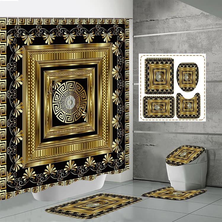 Custom Made Antique 4 Piece Mandala Black Gold Geometric Shower Curtain Set with Rugs