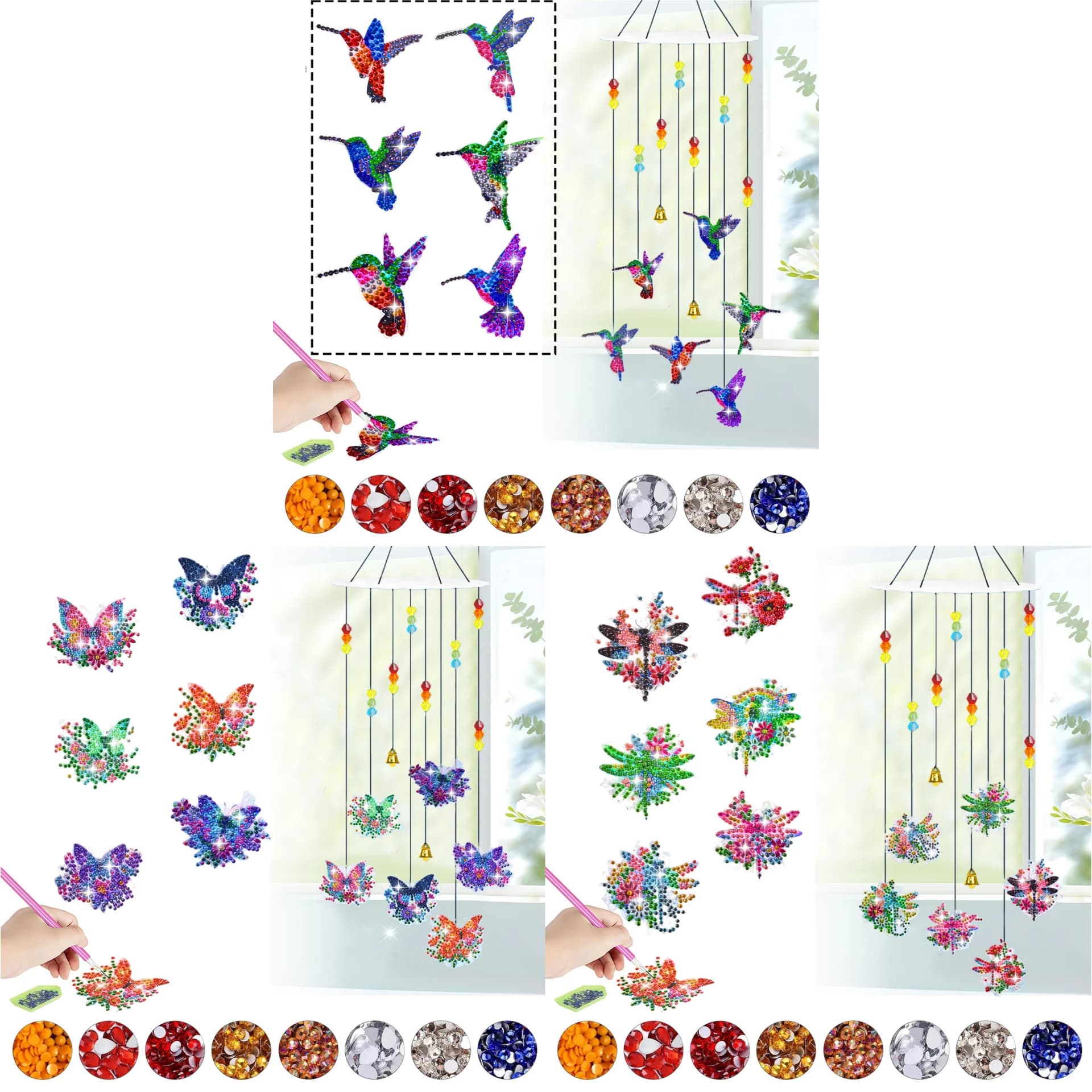 6 sets of DIY animal-themed diamond painting kits, made of acrylic material, suitable for hanging as wind chimes on windows.