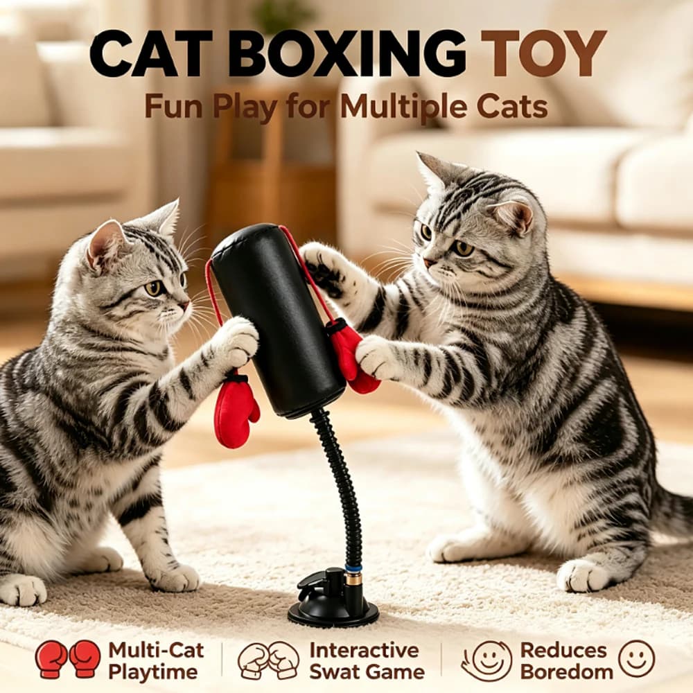 1xPaw Punch Cat Boxing Toy Cat Punching Bag with Boxing Gloves-Interactive Exercise Toy Indoor Play Durable Suction Cup Activity