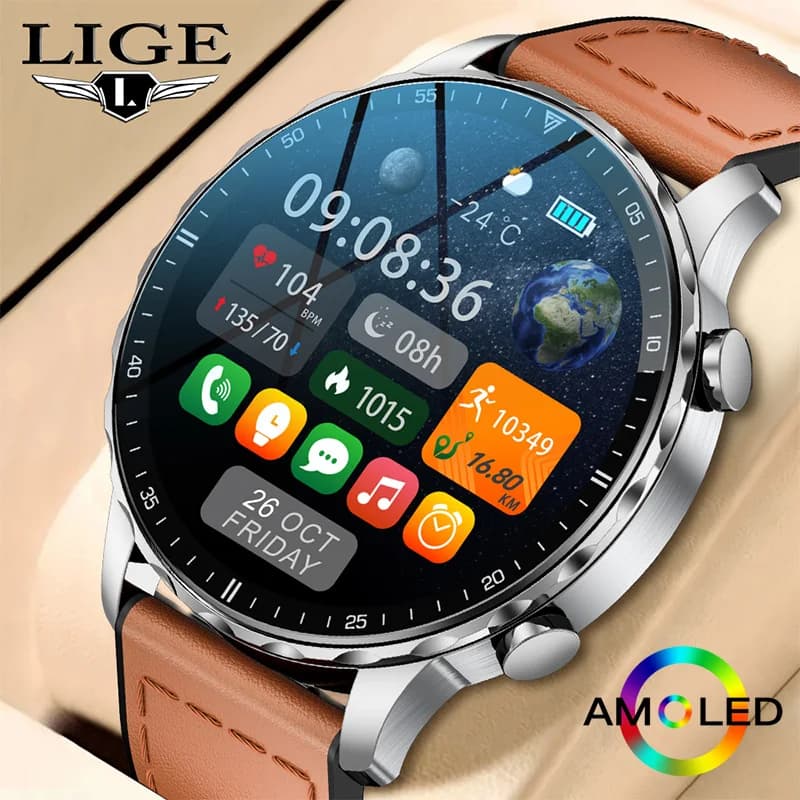 LIGE Nuovo cinturino in pelle magnetica Smartwatch da uomo Monitor sanitario Orologi da uomo Chiamate Bluetooth Orologio sportivo intelligente per iOS Android