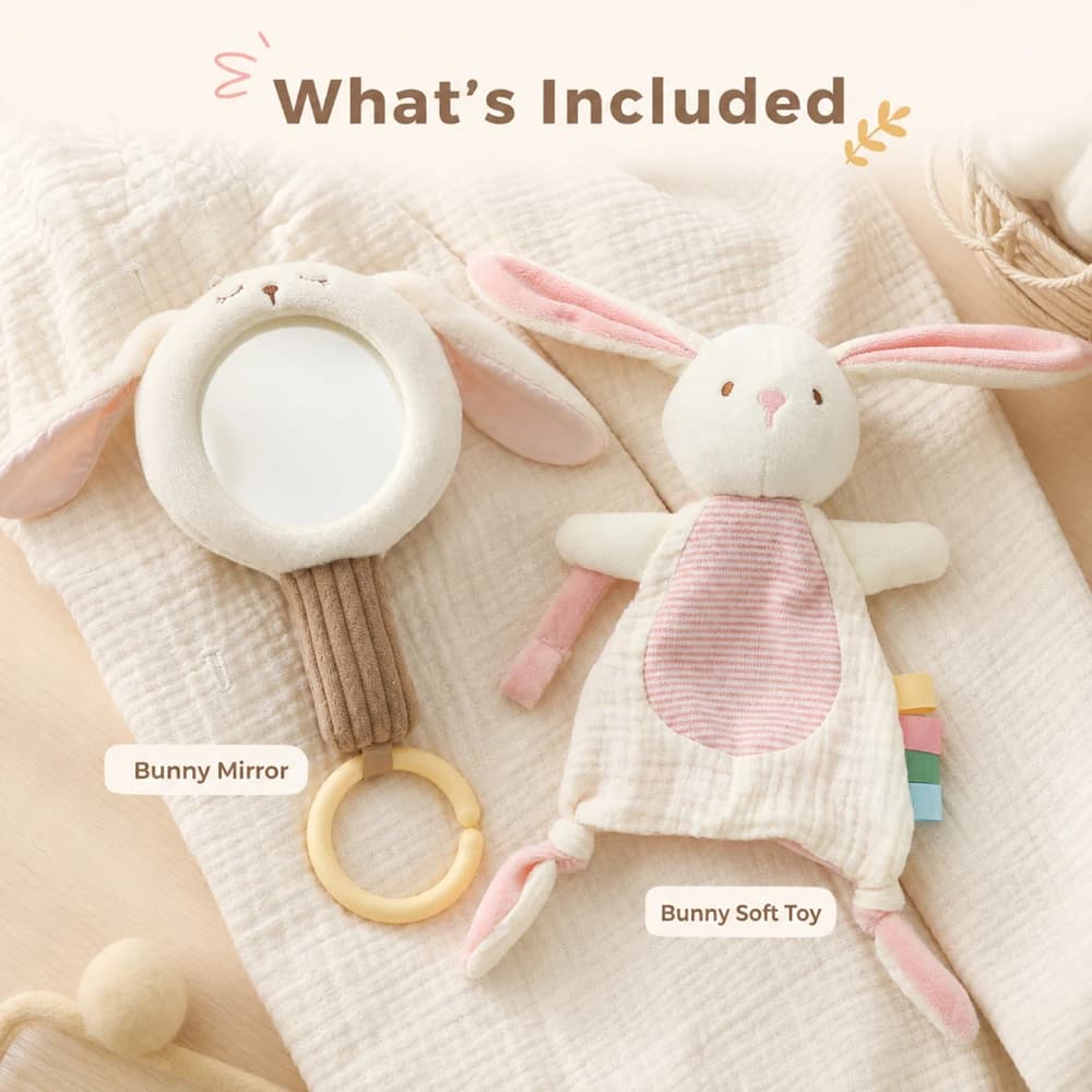 Mirror Plush Soft Toy 2 Piece Baby Bunny Sensory Baby Toys Handheld Ribbed Handle Silicone Teether Fine Motor Skill Toys Gifts