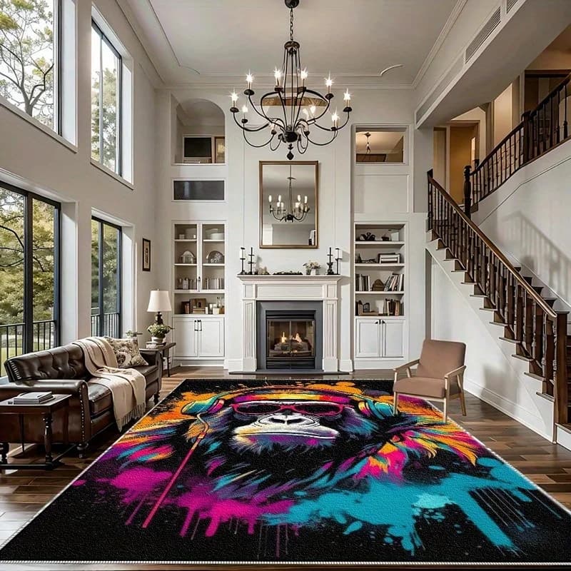 Graffiti Colorful Monkey Headphones Sunglasses Hip Hop Large Area Rug,Street Art Splash Paint Non-slip Washable Floor Carpet