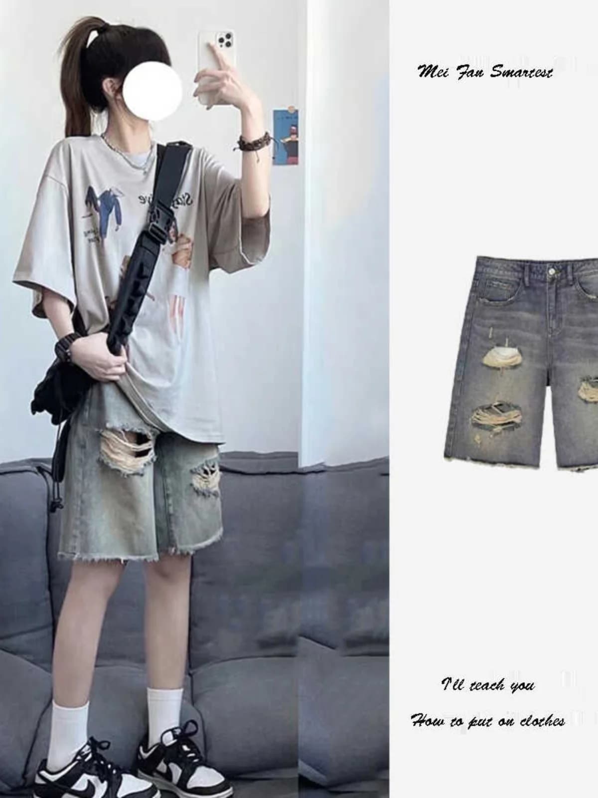 American Style Retro Hole Denim Shorts Women Summer Large Size Loose Straight Leg Wide Leg Five Shorts High Waist Jeans
