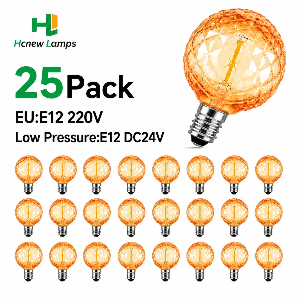 Shatterproof G40 LED Diamond Amber Plastic Bulbs Vintage 220V E12 DC 24V Edison LED Globe Bulbs Solar String Light Replacement