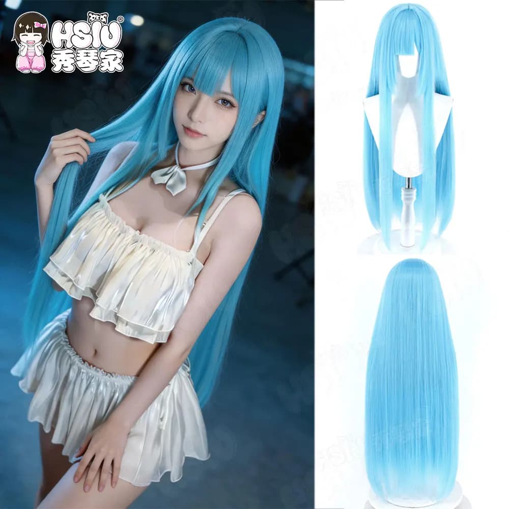 Janus Cosplay Wig Fiber Synthetic Wig HSIU 80Cm Sky Blue Long Wig+Wig Cap Game Azur Lane HMS Janus Swimsuit Skin Cosplay Wig