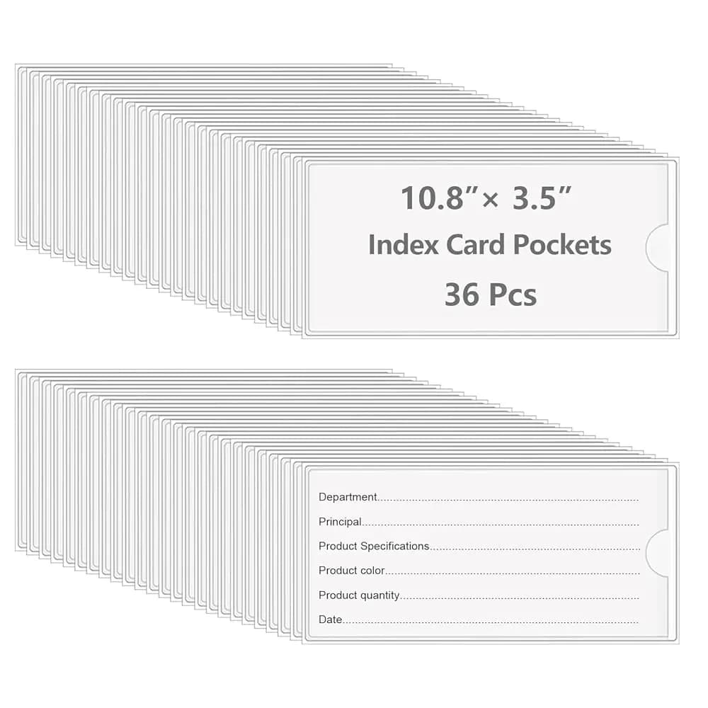 Confezione da 36 tasche adesive per schede indice da 10,8 x 3,5 pollici con apertura superiore per il caricamento, portaetichette in plastica trasparente per contenitori di archiviazione