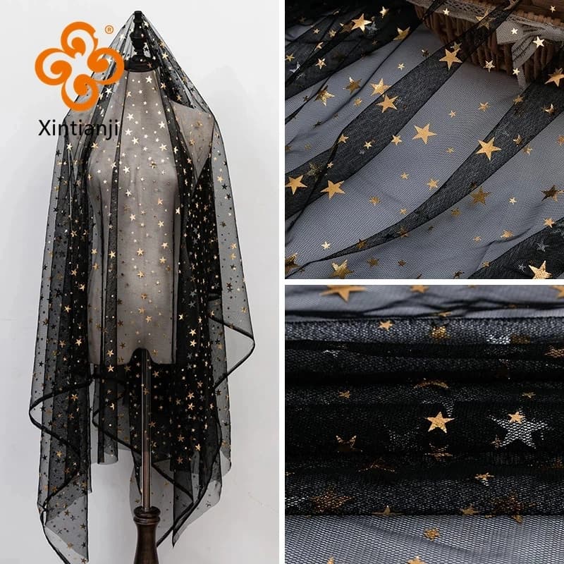 Mesh Fabric With Stars Golden Bronzed Print Soft Lace Tulle for Girls' Princess Dress Sewing DIY Wedding Party Chair Decor Cloth